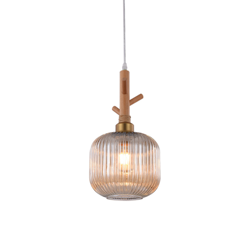 Modernism Drum Hanging Light Amber Ribbed Glass 1 Head Kitchen Island Ceiling Lamp with Wood Branch Top