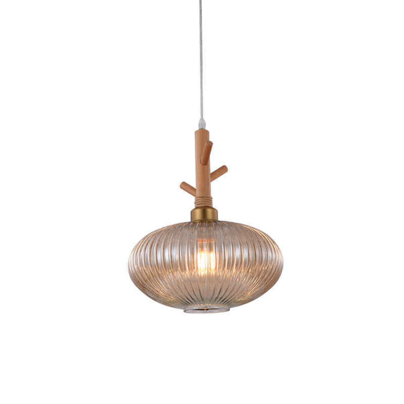 Amber Prismatic Glass Oval Pendant Modern 1 Bulb Suspension Lamp with Wooden Branch Cap