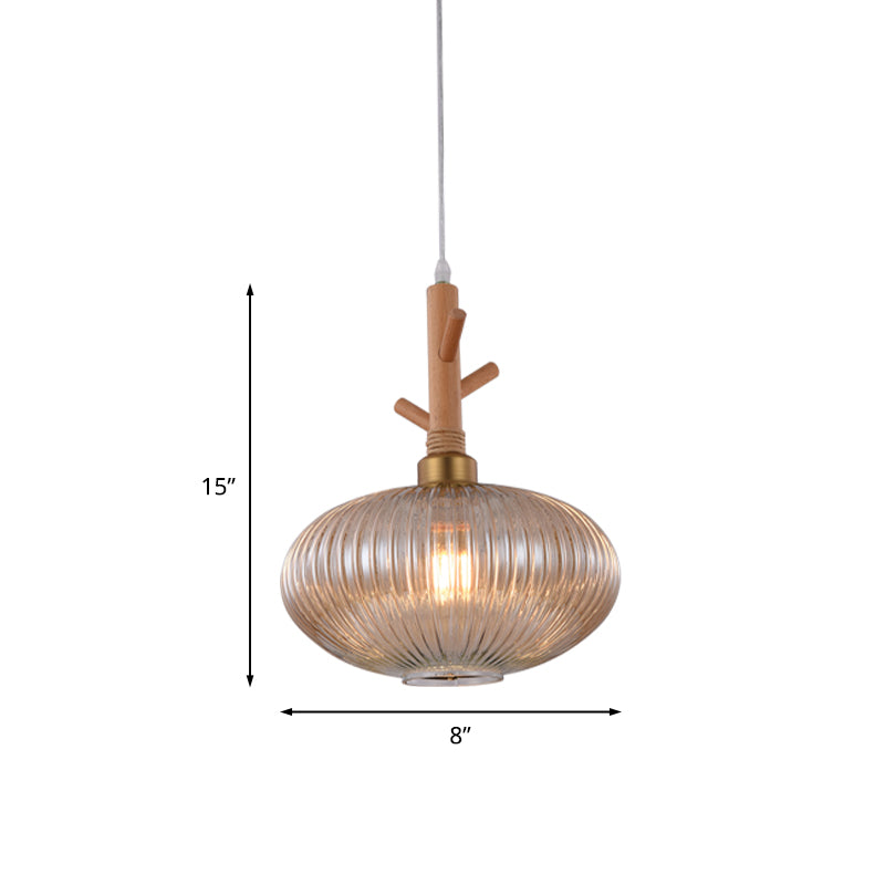 Amber Prismatic Glass Oval Pendant Modern 1 Bulb Suspension Lamp with Wooden Branch Cap