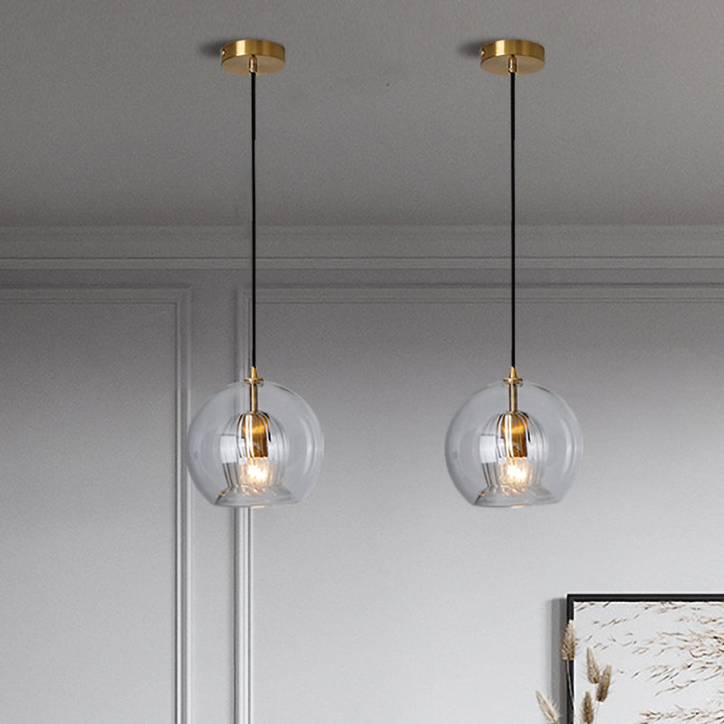 Global Clear Glass Mini Hanging Light Postmodern 1 Light Brass Suspension Lamp, 6"/10" Wide