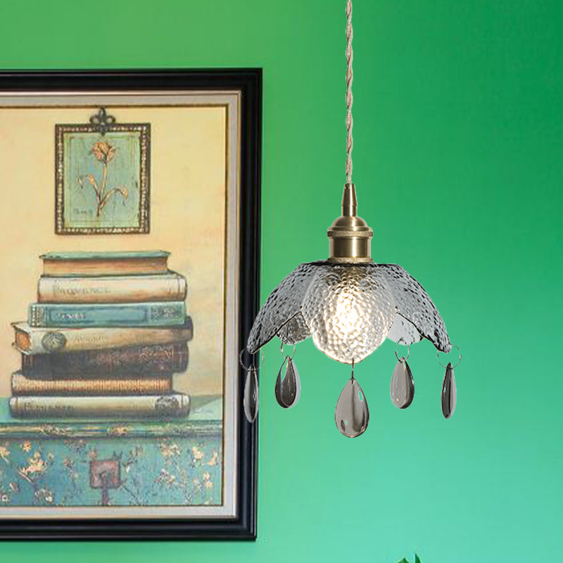 Brass Scalloped Bowl Hanging Lighting Vintage 1 Bulb Clear/Smoke Gray Water Glass Suspended Pendant Lamp