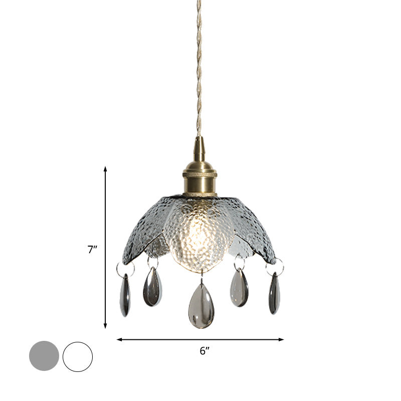 Brass Scalloped Bowl Hanging Lighting Vintage 1 Bulb Clear/Smoke Gray Water Glass Suspended Pendant Lamp