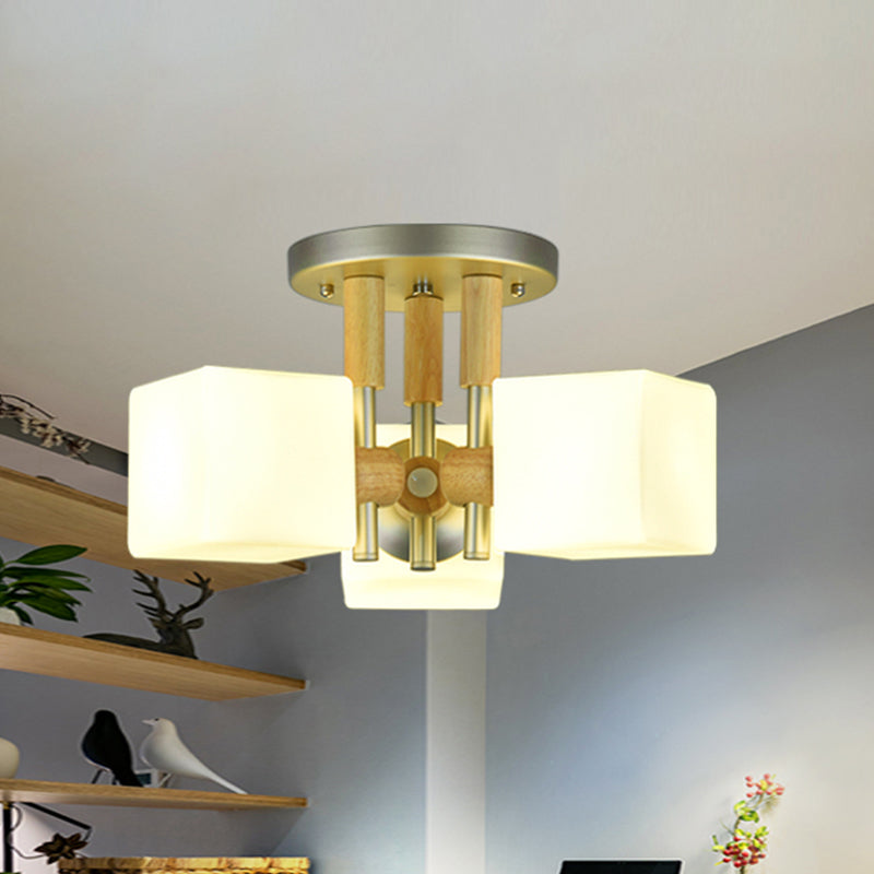 Cube White Glass Semi Flush Light Fixture Modern 3-Light Wood Ceiling Mounted Lamp