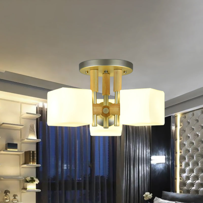 Cube White Glass Semi Flush Light Fixture Modern 3-Light Wood Ceiling Mounted Lamp