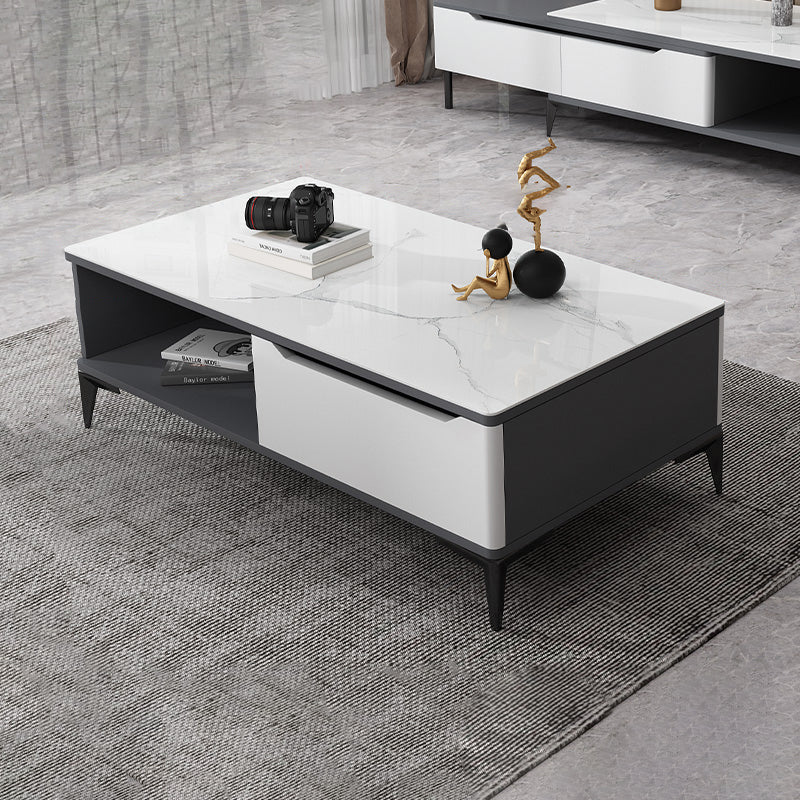 Stone 4 Legs Cocktail Table Rectangle Single Coffee Table with Drawer