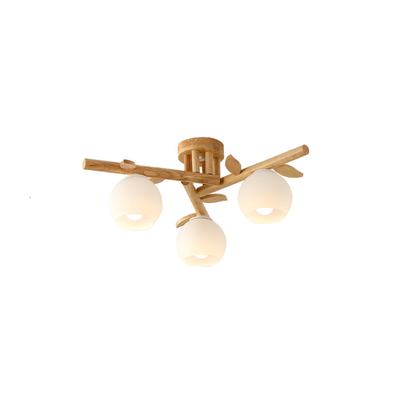 Holzzweig halb Flush Beleuchtung moderner 3/5-Kopf-Beige Flushmount Lampe mit Kugel Milch weißer Glasschatten