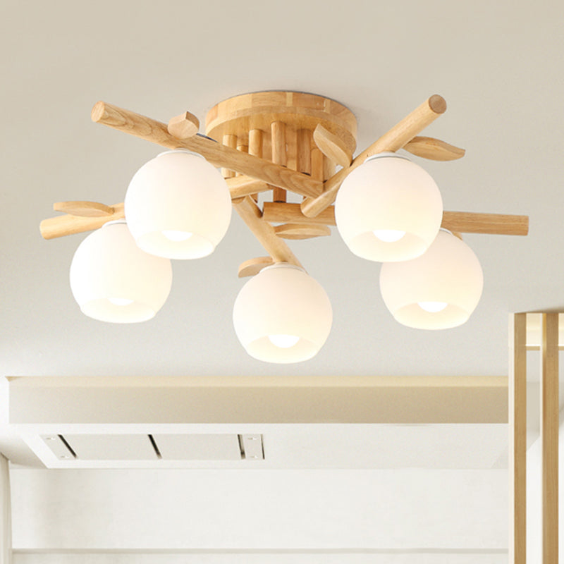 Holzzweig halb Flush Beleuchtung moderner 3/5-Kopf-Beige Flushmount Lampe mit Kugel Milch weißer Glasschatten