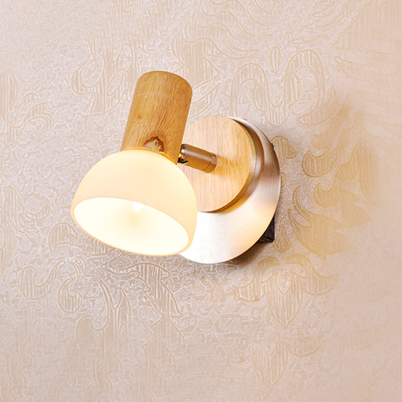 Lámpara de luz materna con copa de madera lámpara de pared de vidrio blanco de leche moderna 1 cabeza