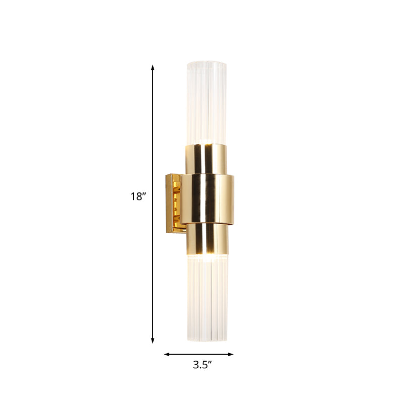 Gold Tubular Wall Light Sconce Post Modern 2 Heads Clear Ribbed Glass Wall Mounted Lamp for Bathroom