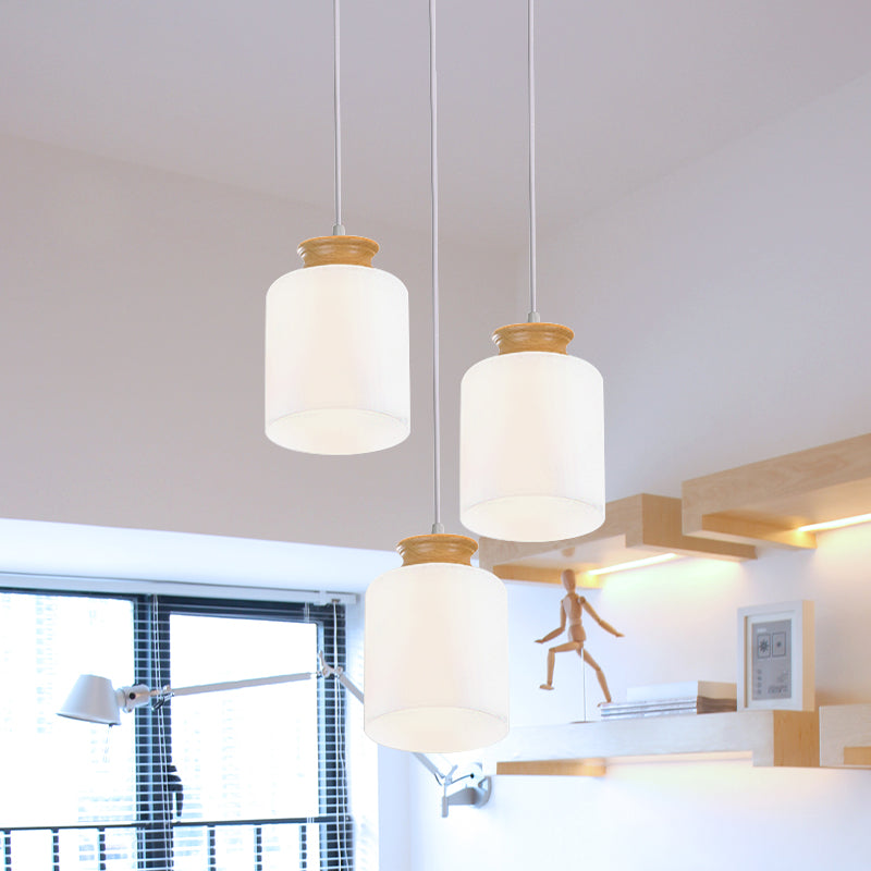 Cylinder Multi Light Chandelier Modern White Glass 3 Heads Wood Suspension Lamp with Round/Linear Canopy