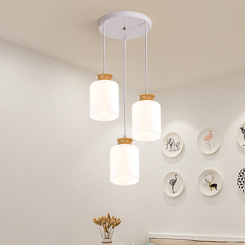 Cylinder Multi Light Chandelier Modern White Glass 3 Heads Wood Suspension Lamp with Round/Linear Canopy