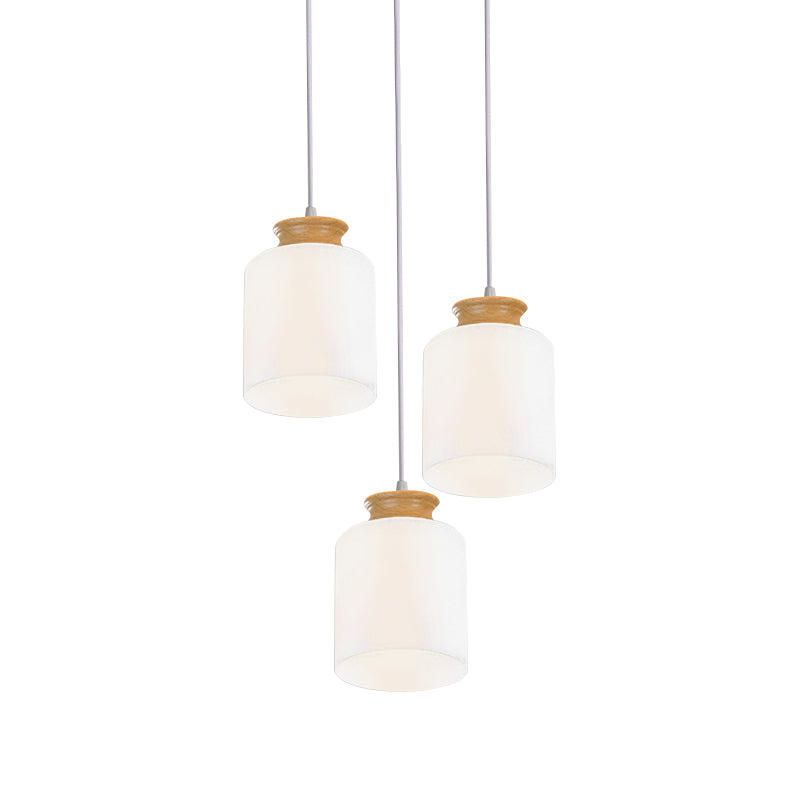 Cylinder Multi Light Chandelier Modern White Glass 3 Heads Wood Suspension Lamp with Round/Linear Canopy
