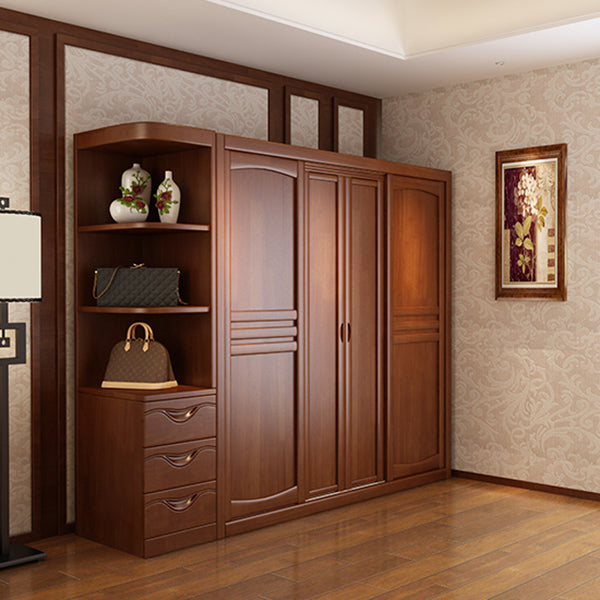 Rubber Wood Frame Wardrobe Freestanding Wardrobe Armoire with Shelves and Clothes Rail