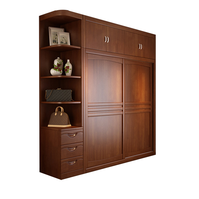 Rubber Wood Frame Wardrobe Freestanding Wardrobe Armoire with Shelves and Clothes Rail