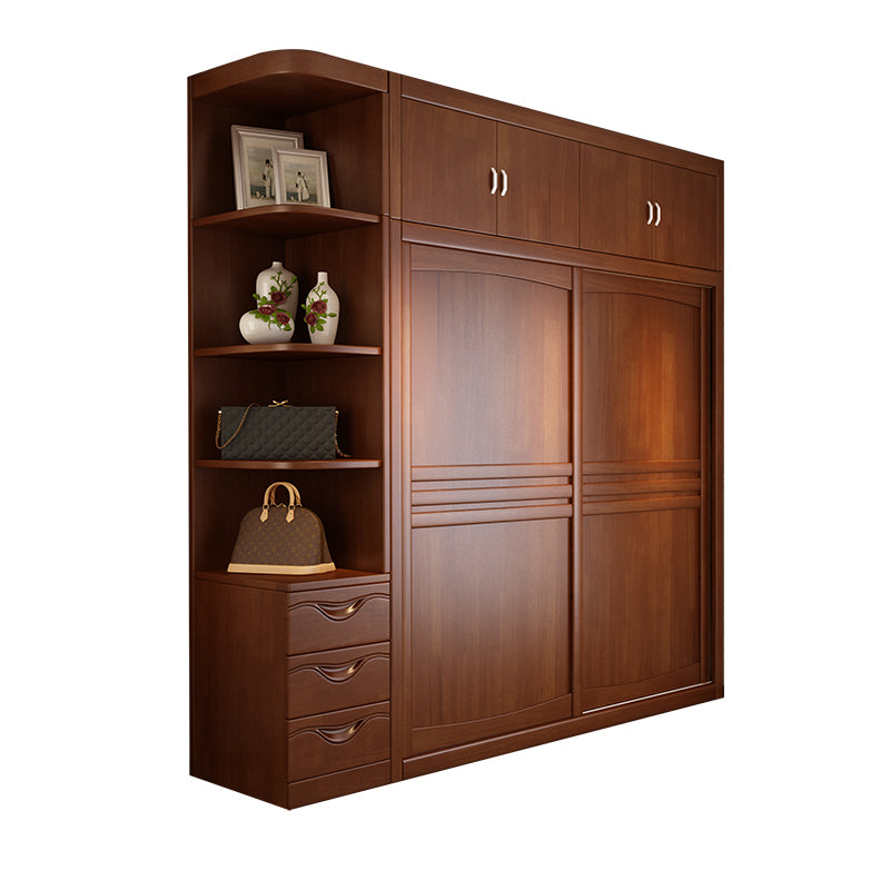 Rubber Wood Frame Wardrobe Freestanding Wardrobe Armoire with Shelves and Clothes Rail