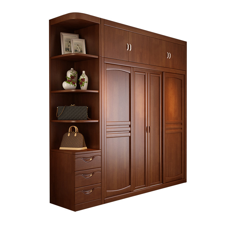 Rubber Wood Frame Wardrobe Freestanding Wardrobe Armoire with Shelves and Clothes Rail