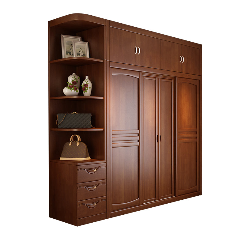 Rubber Wood Frame Wardrobe Freestanding Wardrobe Armoire with Shelves and Clothes Rail