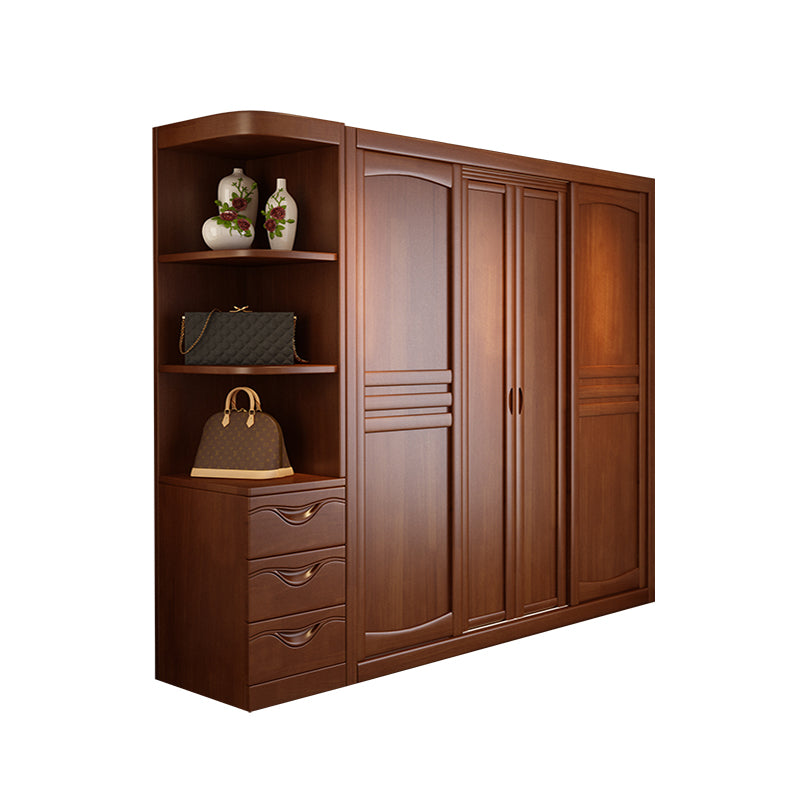 Rubber Wood Frame Wardrobe Freestanding Wardrobe Armoire with Shelves and Clothes Rail