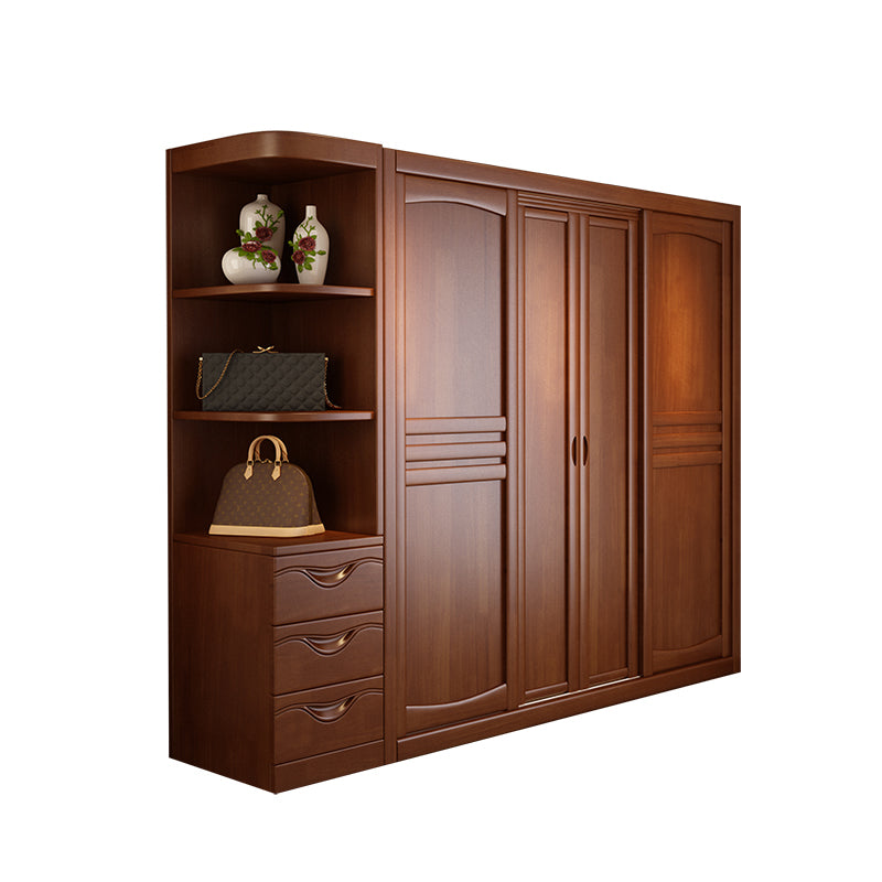 Rubber Wood Frame Wardrobe Freestanding Wardrobe Armoire with Shelves and Clothes Rail