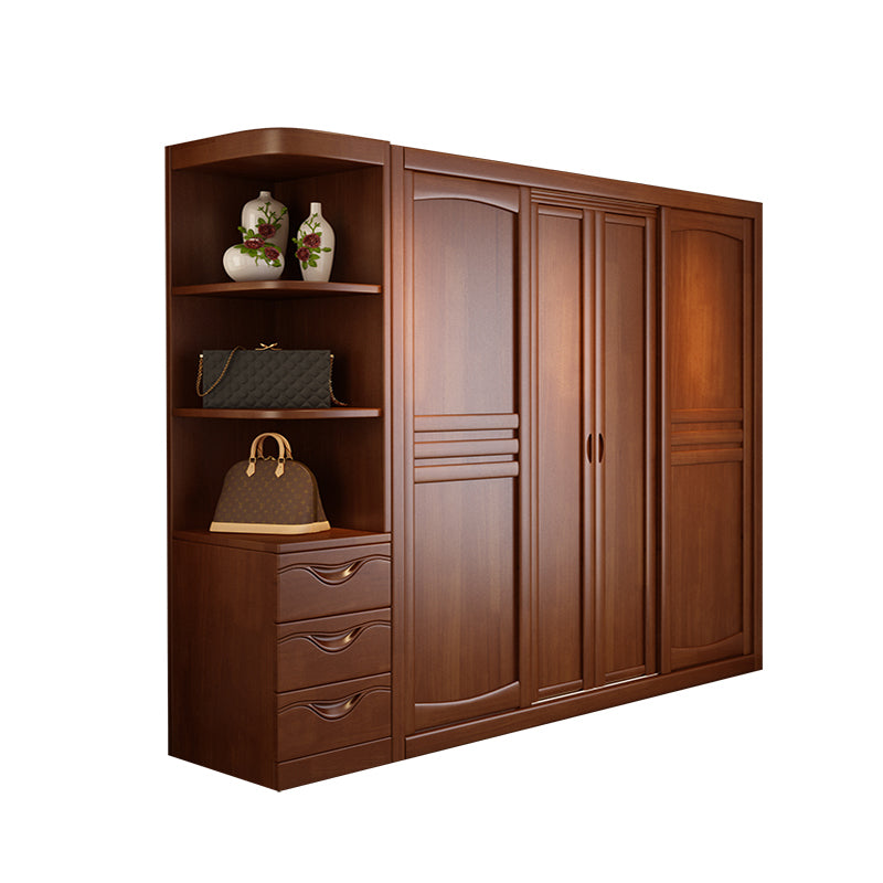Rubber Wood Frame Wardrobe Freestanding Wardrobe Armoire with Shelves and Clothes Rail