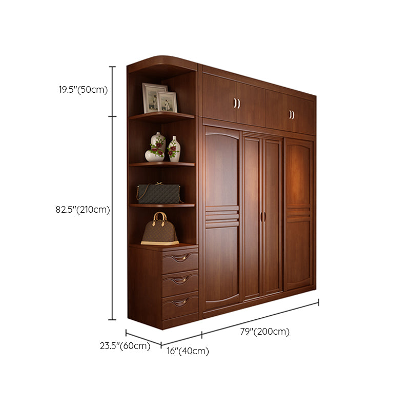 Rubber Wood Frame Wardrobe Freestanding Wardrobe Armoire with Shelves and Clothes Rail
