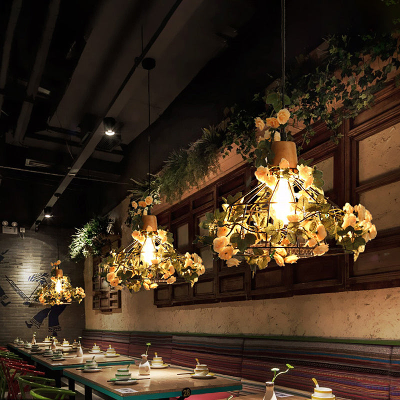 Black Jar/Diamond/Barn Cage Pendant Farm Iron 1 Head Restaurant Flower Hanging Light Fixture with Wooden Top