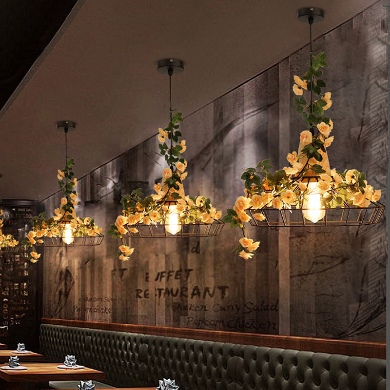 Black Jar/Diamond/Barn Cage Pendant Farm Iron 1 Head Restaurant Flower Hanging Light Fixture with Wooden Top