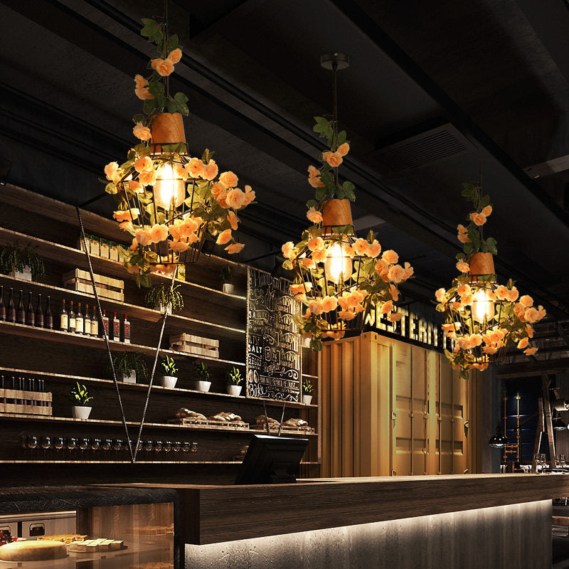 Black Jar/Diamond/Barn Cage Pendant Farm Iron 1 Head Restaurant Flower Hanging Light Fixture with Wooden Top