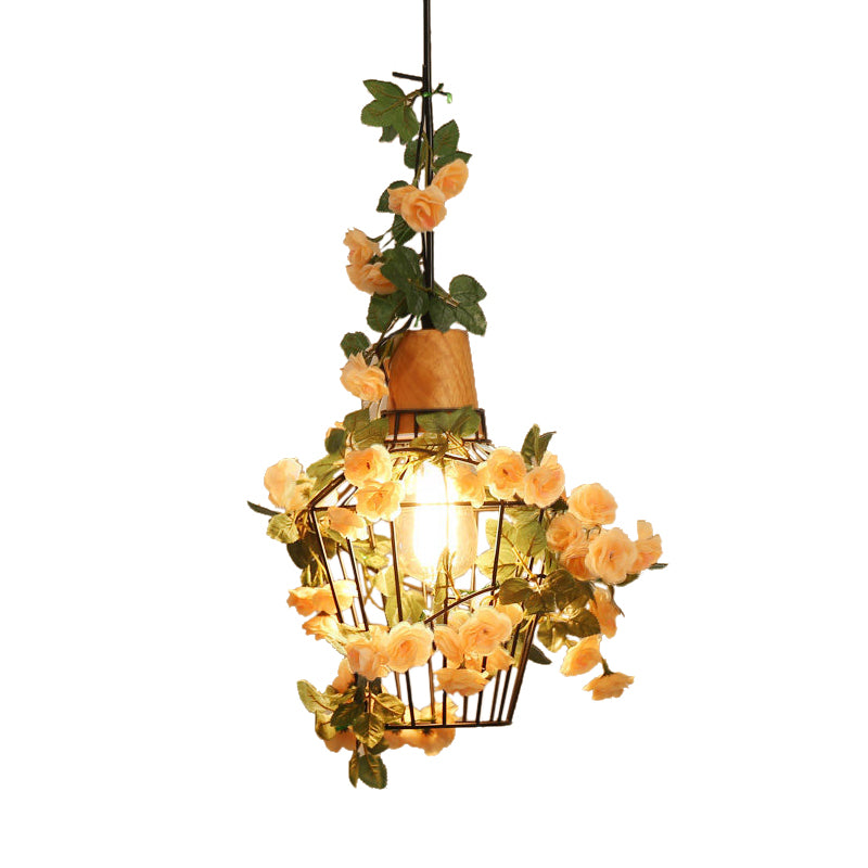 Black Jar/Diamond/Barn Cage Pendant Farm Iron 1 Head Restaurant Flower Hanging Light Fixture with Wooden Top