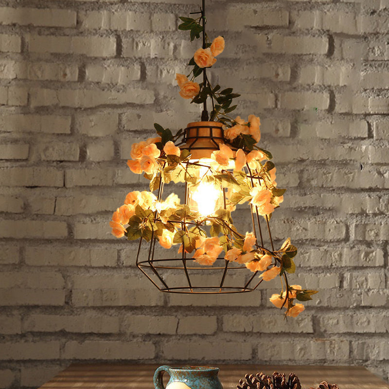 Black Jar/Diamond/Barn Cage Pendant Farm Iron 1 Head Restaurant Flower Hanging Light Fixture with Wooden Top