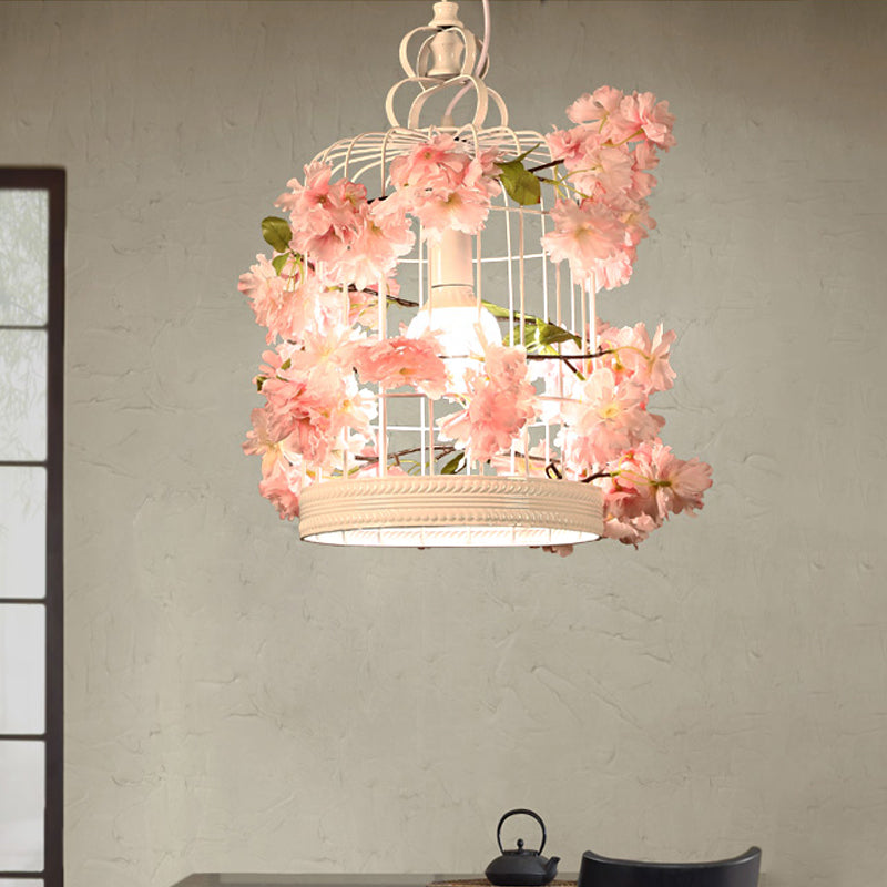 Birdcage Restaurant Suspension Lamp Warehouse Iron 1 Bulb White Flower Pendant Light Fixture