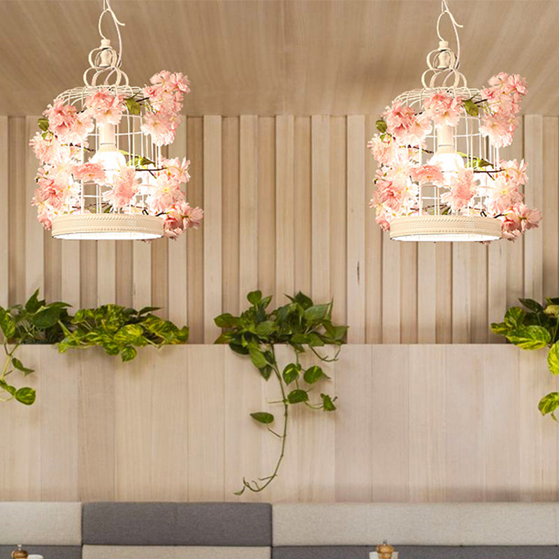 Birdcage Restaurant Suspension Lamp Warehouse Iron 1 Bulb White Flower Pendant Light Fixture