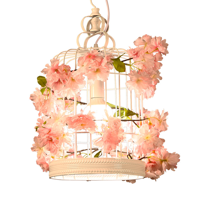 Birdcage Restaurant Suspension Lamp Warehouse Iron 1 Bulb White Flower Pendant Light Fixture