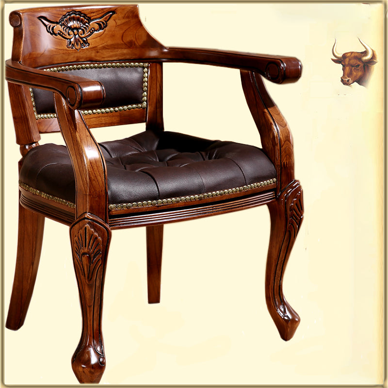 Rustic Style Dining Chair Leather Arm Chair with Wooden Base for Home