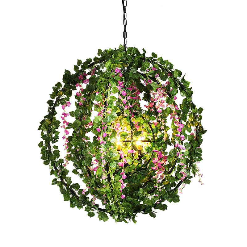 Cage de cage sphérique antique 4 têtes Fer Pending Lighting Ayémorrat en noir avec décoration végétale en noir