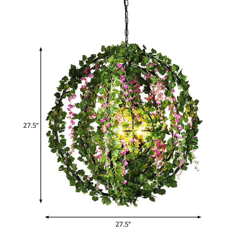 Cage de cage sphérique antique 4 têtes Fer Pending Lighting Ayémorrat en noir avec décoration végétale en noir