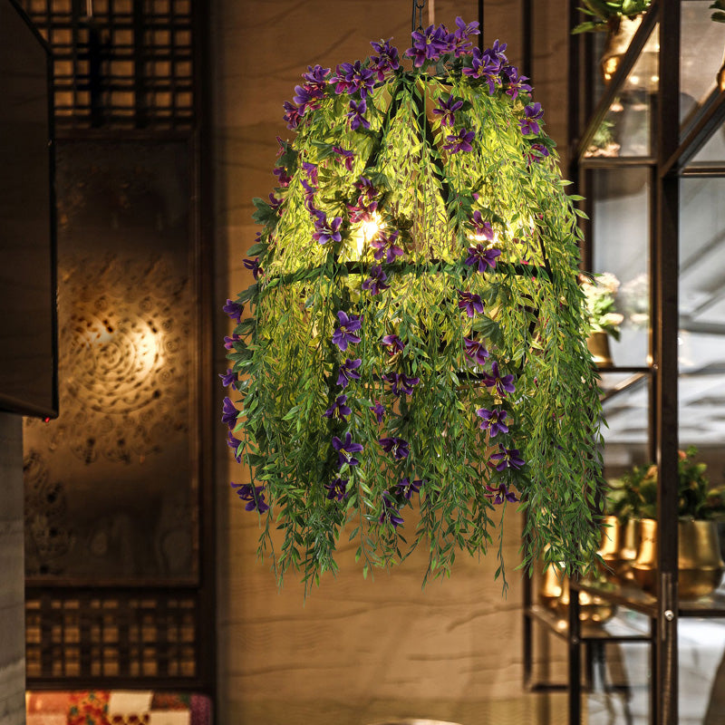 4-Bulb Diamond Cage Chandelier Light Industrial Black Metal Plant Suspended Lighting Fixture for Restaurant