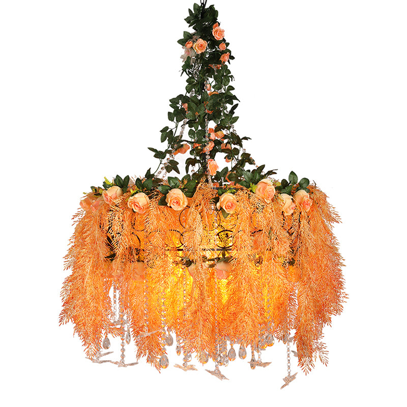 Bulb Cage ronde Cage Chandelier Light Warehouse Orange Metal Plafond Prident avec décoration de plantes