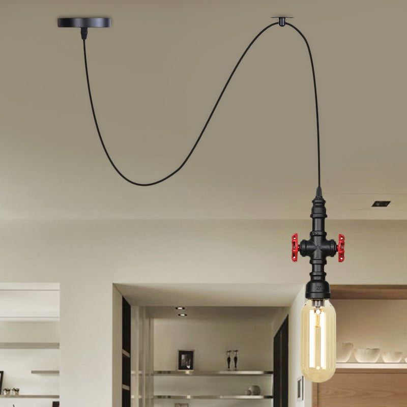 Sphere/Capsule Restaurant Swag Pendant Light Vintage Amber Glass 1-Head Black Pipe Hanging Lamp Fixture