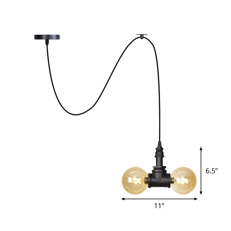 Amber Glass Black Pendant Chandelier Spherical/Capsule 2 Heads Antiqued Suspension Lamp with Swag Design