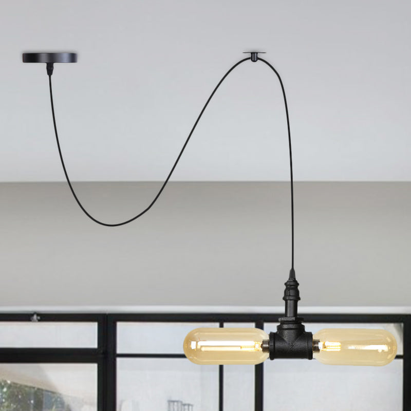 Amber Glass Black Pendant Chandelier Spherical/Capsule 2 Heads Antiqued Suspension Lamp with Swag Design