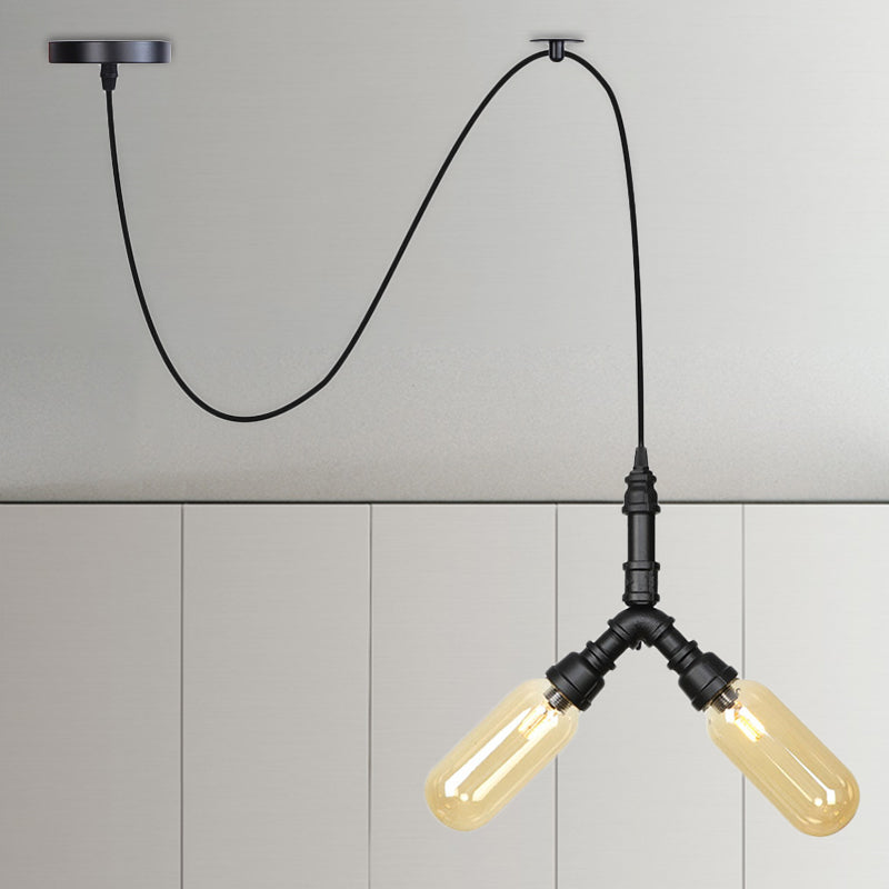 Amber Glass Black Pendant Chandelier Spherical/Capsule 2 Heads Antiqued Suspension Lamp with Swag Design