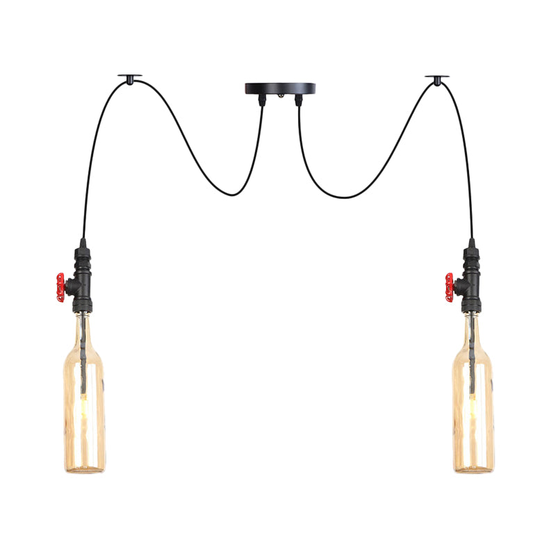 Industrial Bottle Multi Pendant Light 2/3-Head Amber Glass Swag Suspension Lamp in Black