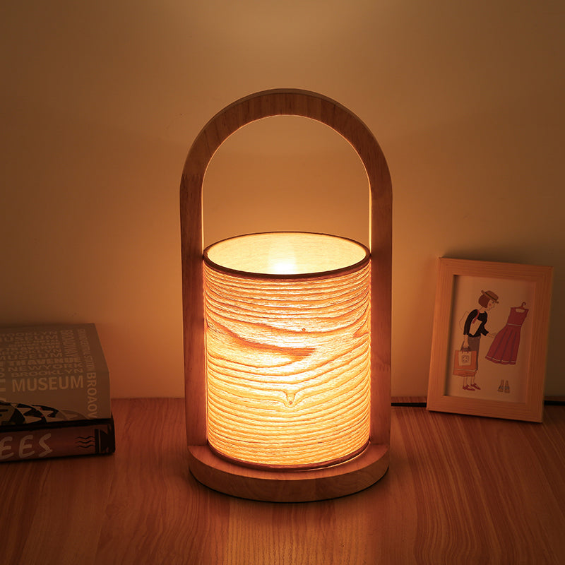 Wood Oval Ring Nightstand Light Modernist 1 Head Night Table Lamp with Tube Shade