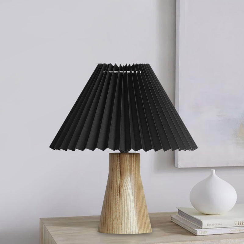 Black Pleated Fold Night Light Modern 1 Bulb Fabric Table Lamp with Wood Base for Bedside