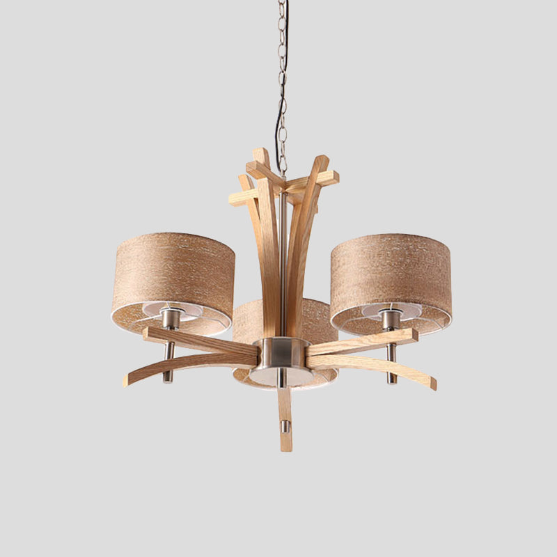 Beige Radial Ceiling Chandelier Modernist 3/6 Lights Wood Suspended Pendant Lamp with Shade