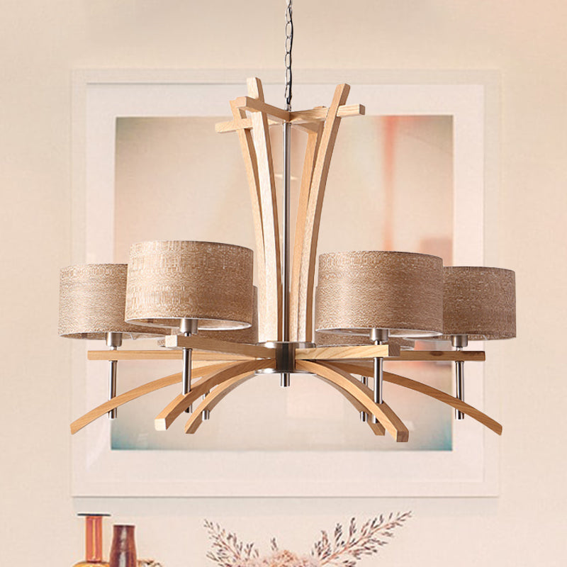 Beige Radial Ceiling Chandelier Modernist 3/6 Lights Wood Suspended Pendant Lamp with Shade