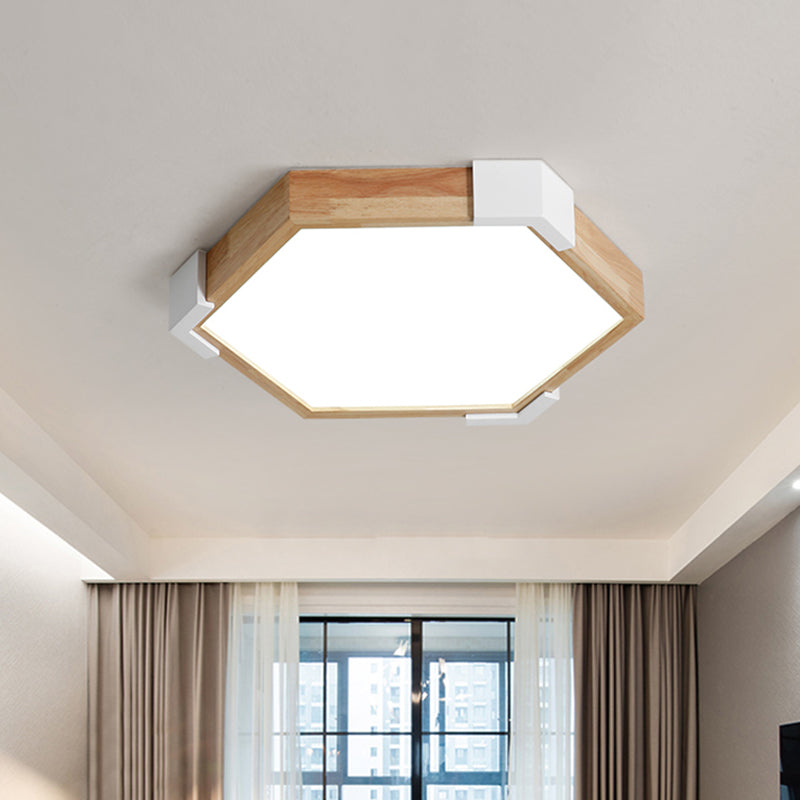 16"/20" W Hexagon Flush Lighting Simple Wood LED Bedroom Flush Mounted Lamp in White/Warm Light