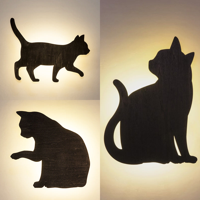 Kitten Kid Bedroom Hallway Sconce Light Wood Animal LED Wall Sconce in Black Finish
