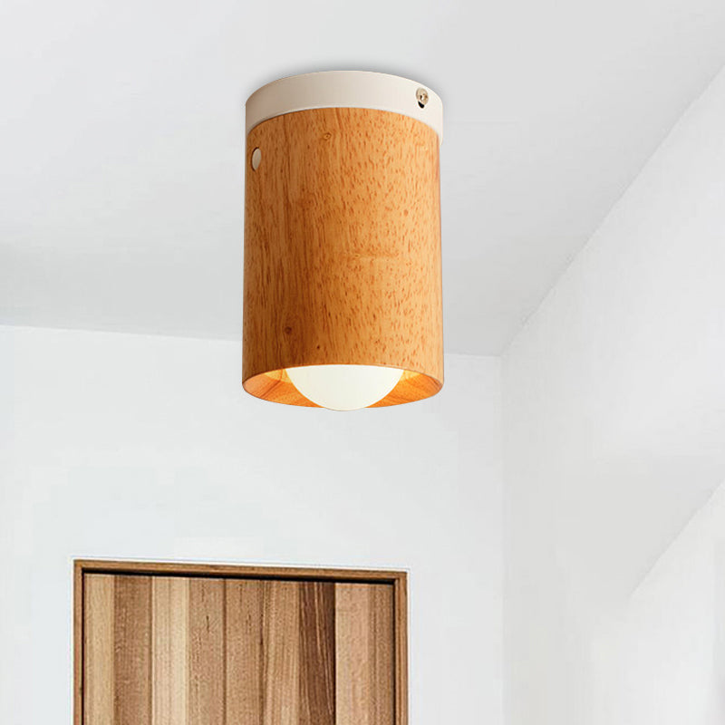 Beige Tubular Flushmount Lighting Minimalism 1 Bulb Wood Flush Mount Ceiling Lamp for Bedroom